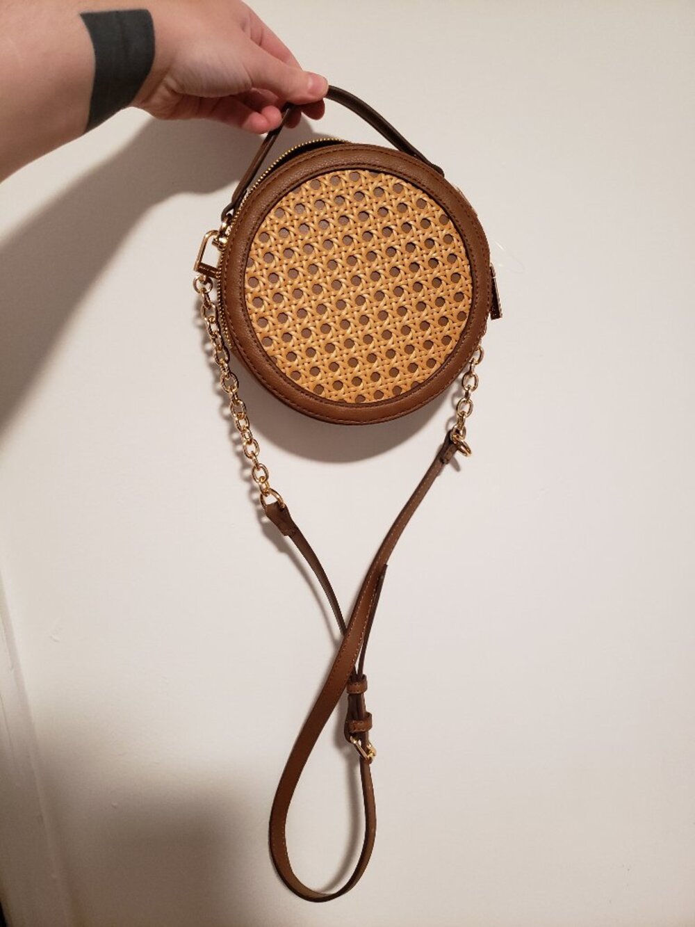 Anne Klein Canteen Cane Crossbody Circle Purse Rattan